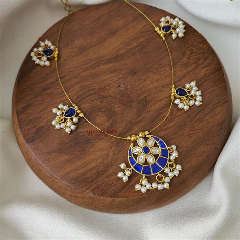 Moon Shaped Kundan Jadau Invisible Necklace - Blue with White – AJ Punnagai