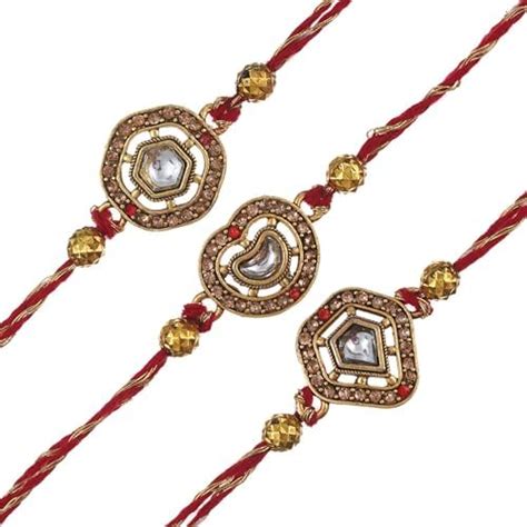 Buy eCraftIndia Set of 3 Diamond Kundan Beads Designer Rakhis for ...