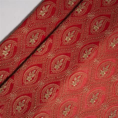 Aziz Blood Red Viscose Georgette Embroidered Fabric in Jaal Pattern ...