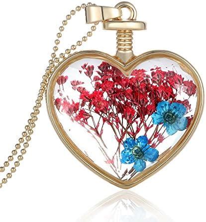 Buy NYLSA Glass Heart Shaped Pendant Necklace Chain with Floating Dried ...