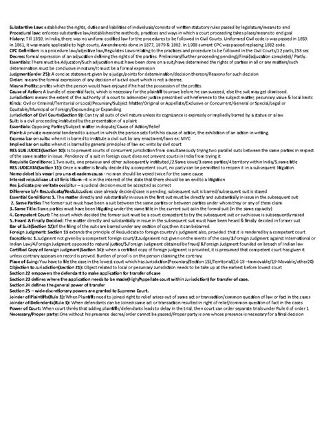 CPC Unit I - CPC Unit I Summary - Substantive Law: establishes the ...