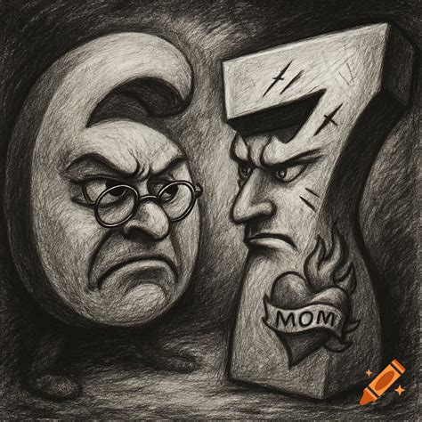 A detailed black and white pencil drawing of an angry number 6 wearing glasses confronting an ...