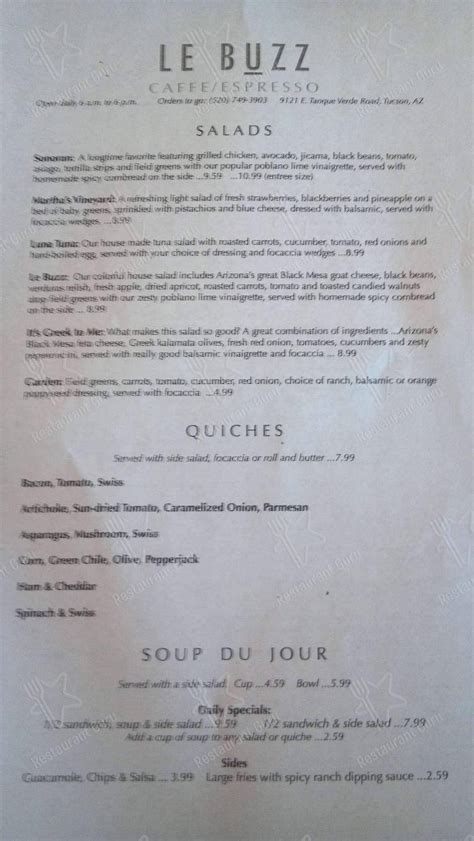 Menu at Le Buzz cafe, Tucson, E Tanque Verde Rd #125