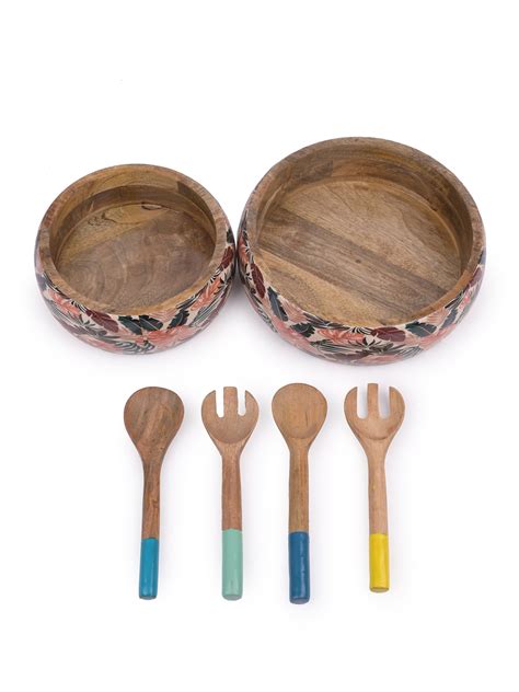 Multi-color Enamel Wooden Serving Bowl Set | Buy Now