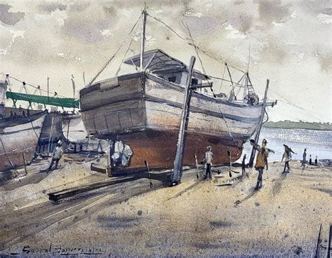 "Boat Construction Mangalore India": Steel Grey Watercolor Painting by ...
