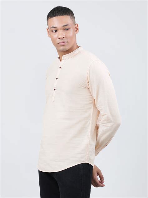 Men Peach Fuzz Slim Fit Cotton Linen Mandarin Collar Solid Casual Kurt ...