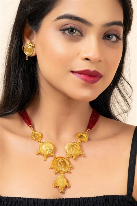 Gold Plated Victorian Coin Necklace with Red Tassel & Coin Stud ...