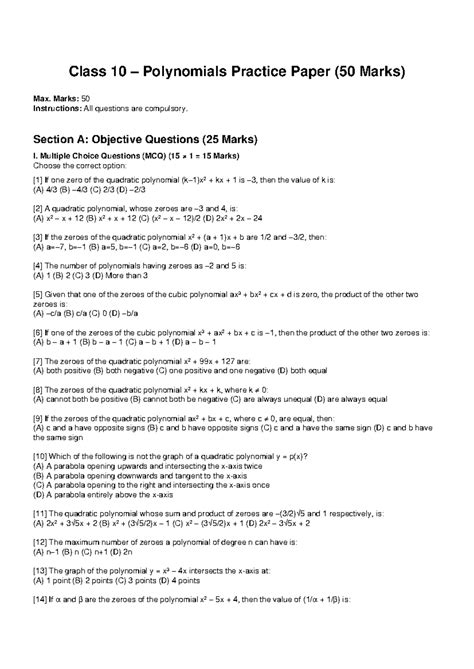 Class 10 Polynomials Practice Paper (50 Marks) - Studocu