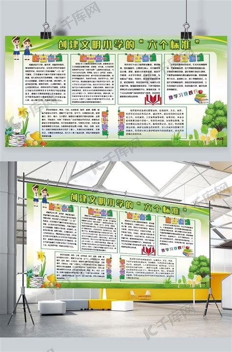 校园宣传创建文明小学的六个标准绿色简约展板海报模板下载-千库网