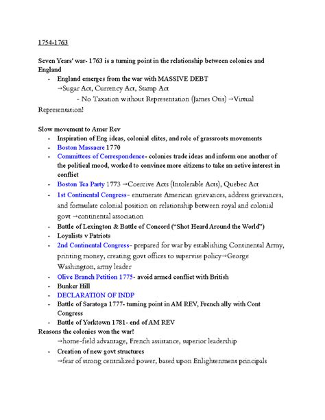 Unit 3 Apush Review - 1754- Seven Years' war- 1763 is a turning point ...