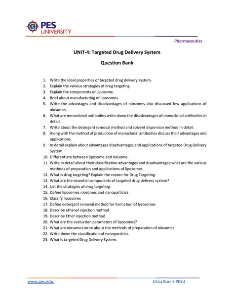 NDDS QB-23-24 - Pharmaceutics pes Usha Rani S PESU UNIT-4: Targeted ...