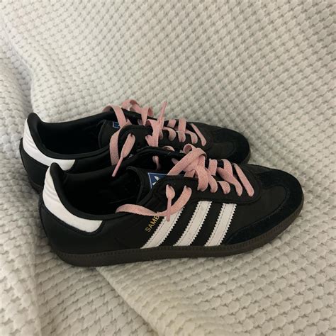 adidas black sambas w pink laces. size 4 1/2. only... - Depop