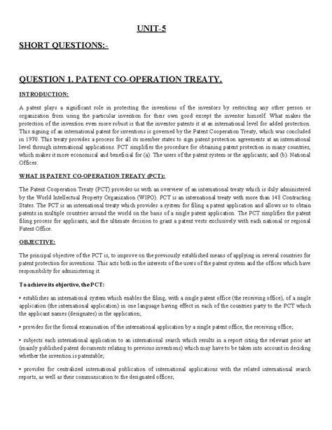 IPR(UNIT 5 Notes) - UNIT- SHORT QUESTIONS:- QUESTION 1. PATENT CO ...