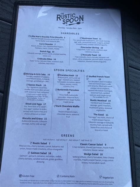 Carta del restaurante The Rustic Spoon, Virginia Beach, Pleasure House ...