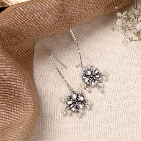 Teejh Indian Ethnic Jewellery | Polki Silver Oxidized Pearl Earrings ...