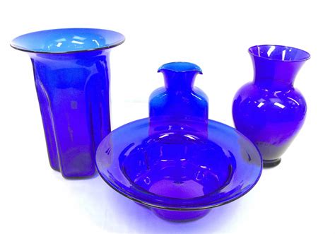 Lot - (4pc) Cobalt Blue Glass Vases, Bowl