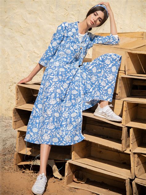 No More Blues Wrap Dress - Blue Hand Block Printed Cotton Wrap Dress ...
