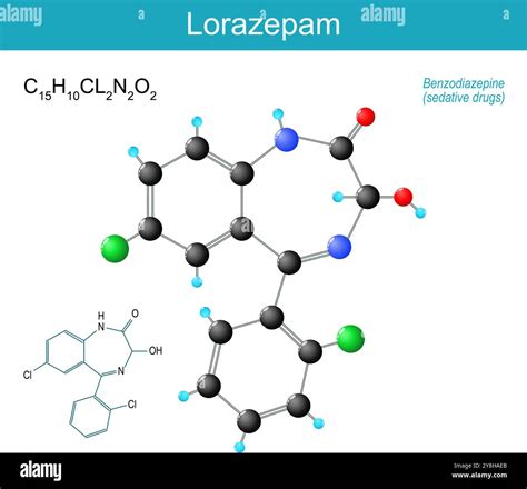 lorazepam molecule. molecular chemical structural formula and model of ...