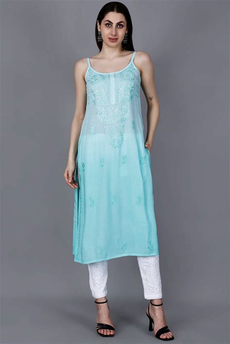 The Chikankari Story: Elegant Noodle Strap Kurti with Intricate Hand E ...