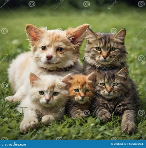 Cute Dog and Cats Lying Together on a Green Grass Field Stock Image ...
