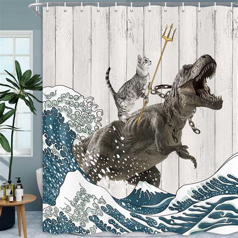 Amazon.com: Cooydilop Funny Shower Curtain for Kids Cat Riding T-Rex ...