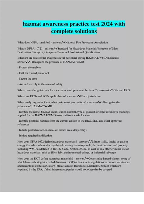 hazmat awareness practice test 2024 with complete solutions - Hazmat ...