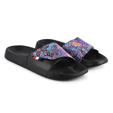 Buy PERY-PAO Sliders Mens Yellow, Black Stylish Printed Flip Flop ...