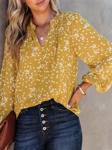 All Over Print Ruched Notch Neck Blouse, Casual Long Sleeve Blouse For ...