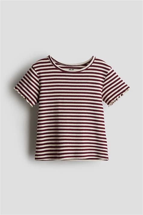 Ribbed jersey top - Dark red/Striped - Kids | H&M IN