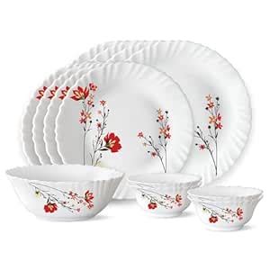 Larah by Borosil Chrys Red Opalware Dinner Set, 13 -Piece, White ...