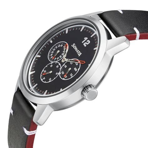 Buy Online Sonata Quartz Analog Black Dial Leather Strap Watch for Men ...