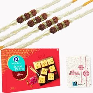 Ascension 4 Rudhraksha Beads kundan Meena Rakhi , 200grams Soan papdi ...