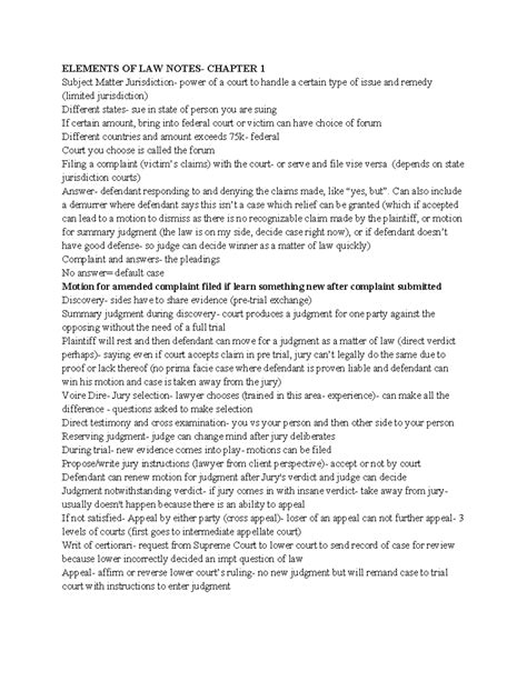 Elements OF LAW Notes - ELEMENTS OF LAW NOTES- CHAPTER 1 Subject Matter Jurisdiction- power of a ...