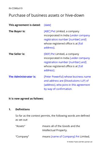Purchase of Business Assets / Hive-Down