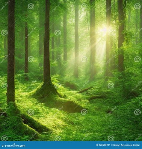 Dense Forest with Sunlight Falling on the Trees Stock Illustration - Illustration of untouched ...