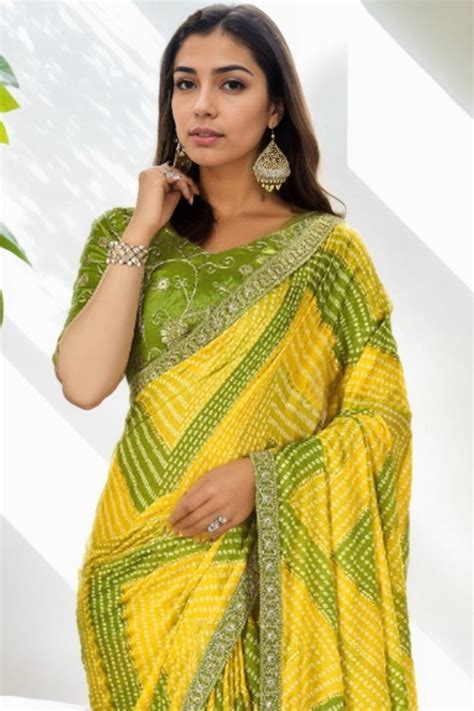 Buy Sunflower Yellow and Green Bandhani Digital Printed Silk Saree ...