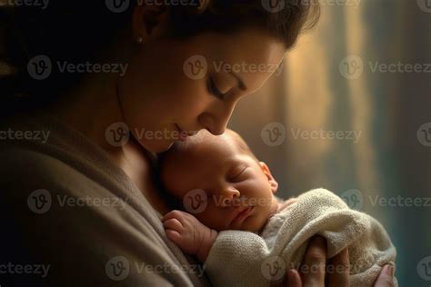 A close - up shot of a contented mother gently cradling her newborn ...