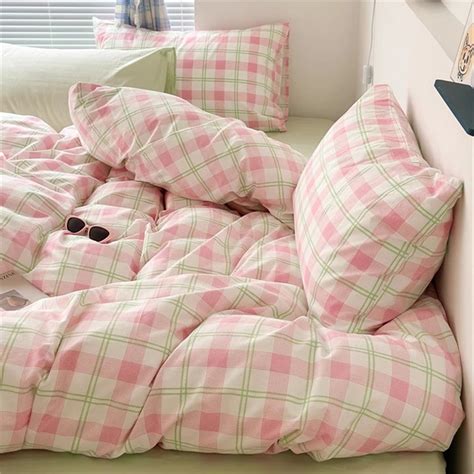 Pink Gingham Bedding Set 4pcs Plaid Duvet Coverpillowcasesflat Sheet ...