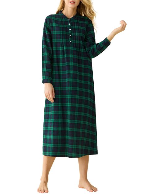 Women's Cotton Plaid Flannel Nightgown Long Sleeves Pleated Gown with ...