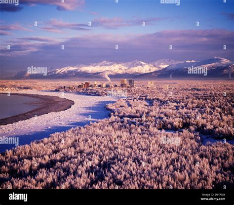 Aerial view of Anchorage from above Earthquake Park on a frosty winter ...