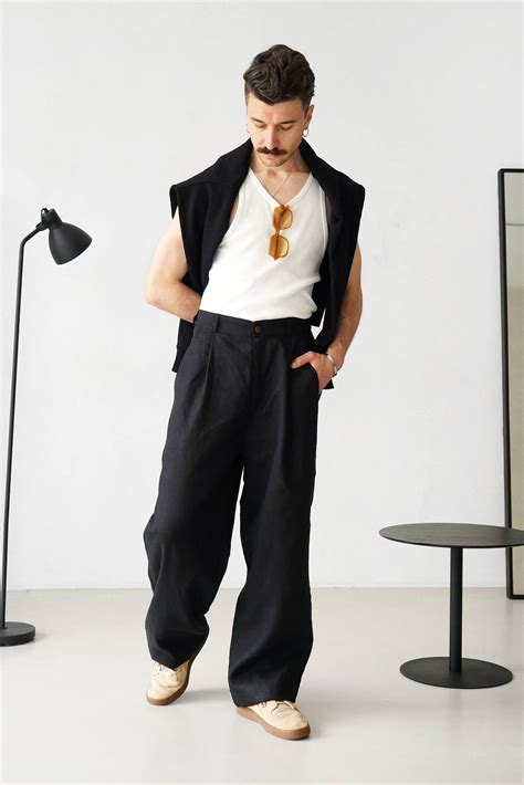 Wide Mens Linen Palazzo Pants With Pleats, High-waist Wide Linen ...