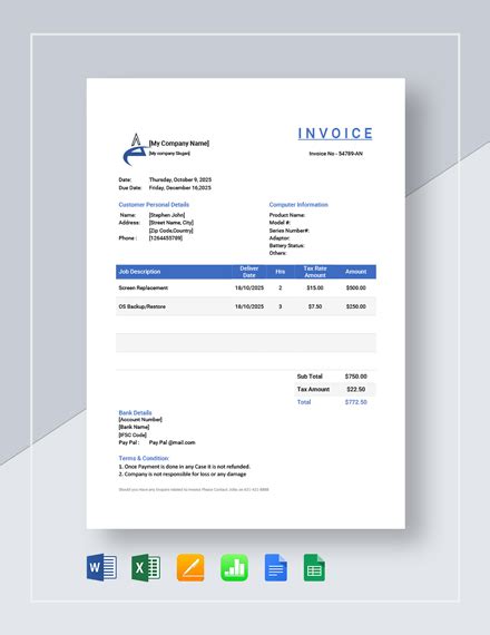 Computer Repair Invoice Template 的图像结果
