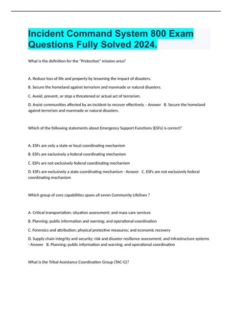 Incident Command System 800 Exam Questions Fully Solved 2024. - FEMA IS-800.d - Stuvia US