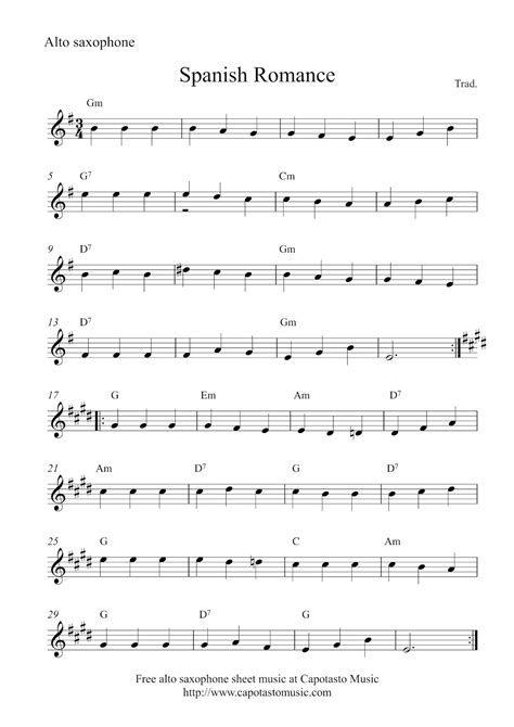 Free alto saxophone sheet music, Spanish Romance