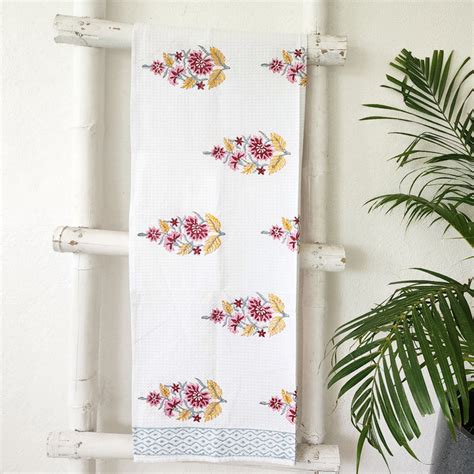 Pure Cotton Bath Towel Block Printed White With Plant Motif Soft And F ...