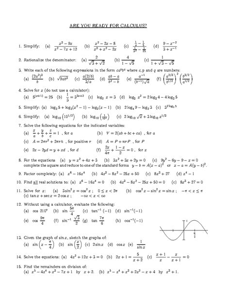 Are You Ready - Algebra and precalculus problems - ARE YOU READY FOR ...