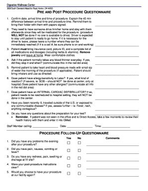 Fillable Online BPREb AND POST PROCEDURE bQUESTIONNAIREb PROCEDURE bb ...