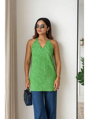 Buy Kaori By Shreya Women’s Printed Halter Neck Short Tunic-Green (XS ...