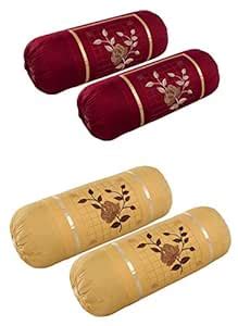 HSR Collection Premium Cotton Embroidery Bolster Cover Set of 4, Maroon ...