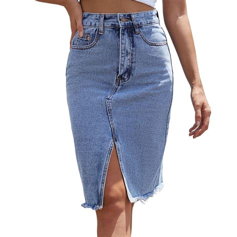 Women High Waist Autumn Mid-Length Slim Slit Denim Skirt Club Basic ...